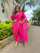 Fuchsia Leheriya Pre-Draped Sari Pant Set - Preserve