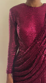 Deep Red Shimmering Sequined Sari Gown