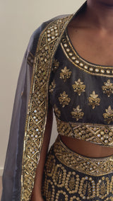 Charcoal & Gold Heavily Mirrored Lehenga