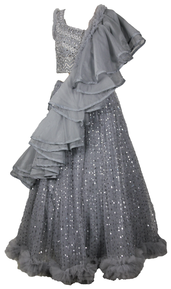 Grey & Silver Ruffled Embellished Lehenga - Preserve