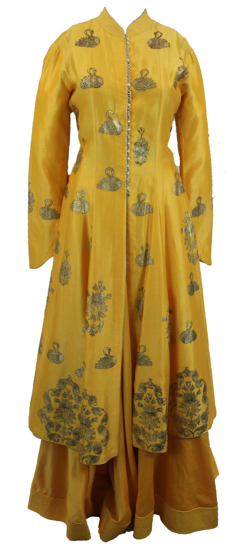 Gold and Yellow Swan Foil Print Kurta with Skirt - Preserve