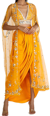 Yellow Mirrored Blouse with Dhoti Skirt & Duster Jacket