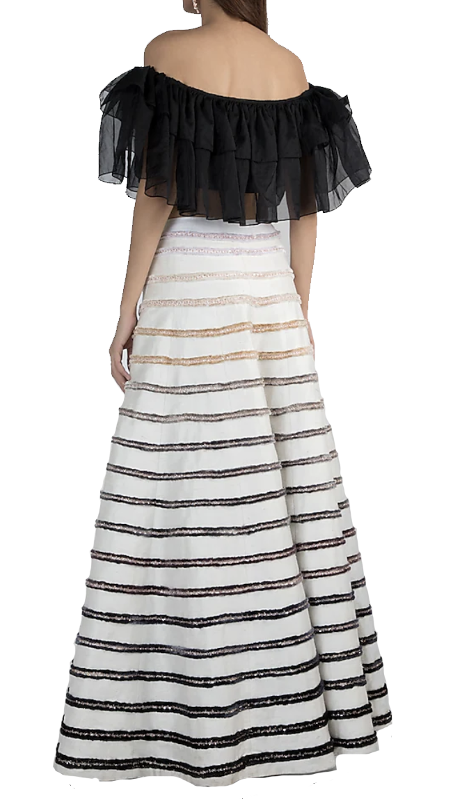 White Striped Skirt With Off-Shoulder Ruffled Top