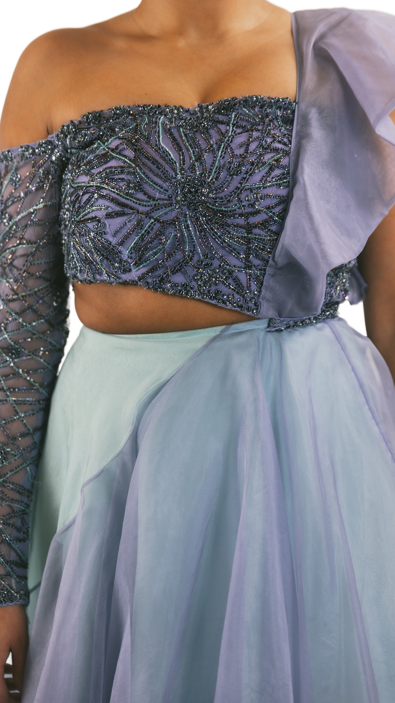 Periwinkle & Powder Blue Embellished Ruffle Lehenga - Preserve