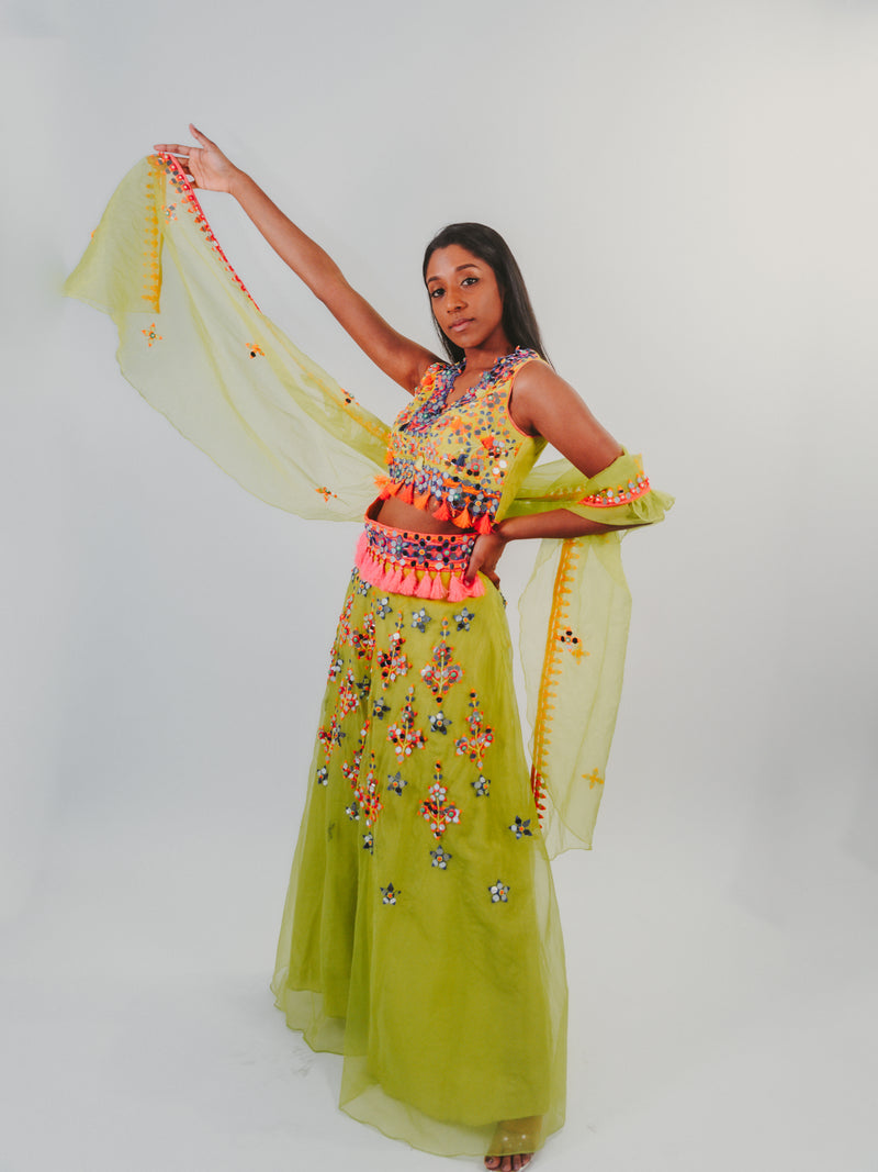 Green Organza Multi-Colored Mirrored Lehenga - Preserve