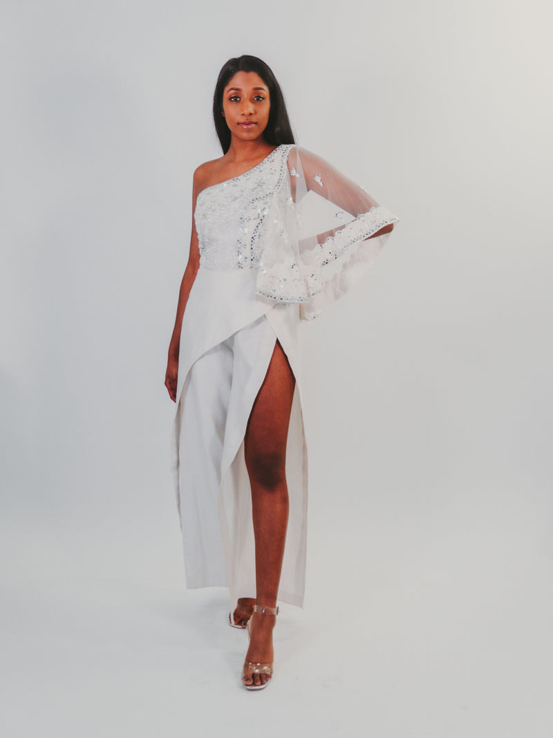 White Mirror Embroidered One-Shoulder Jumpsuit - Preserve