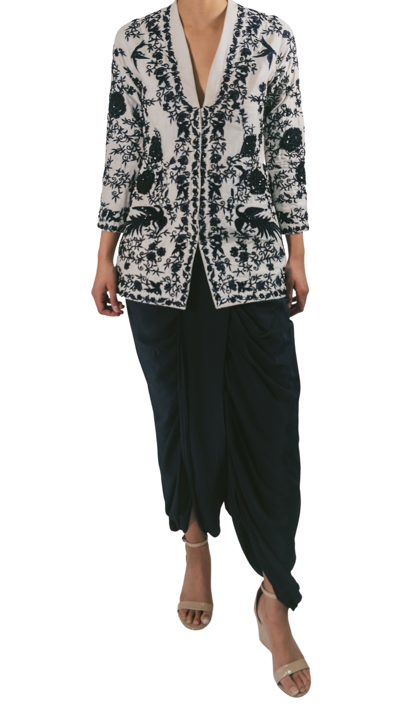 Navy Floral Embroidered Jacket with Navy Dhoti Pants - Preserve