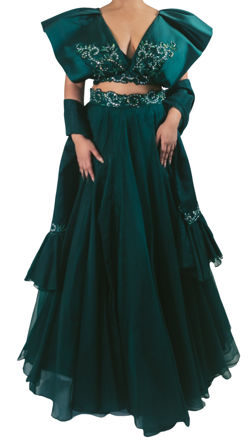 Bottle Green Ruffle Lehenga - Preserve