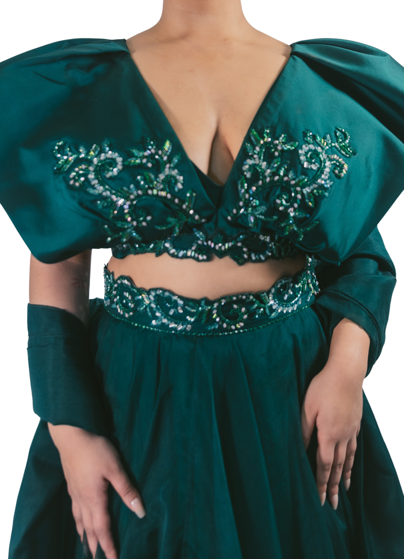 Bottle Green Ruffle Lehenga - Preserve