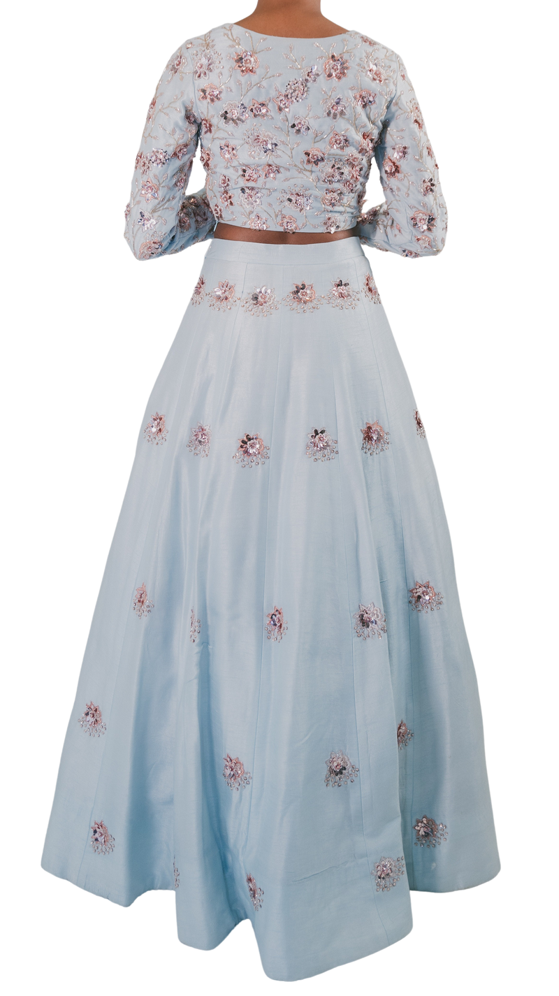 Rose Gold Floral Beaded Powder Blue Lehenga - Preserve