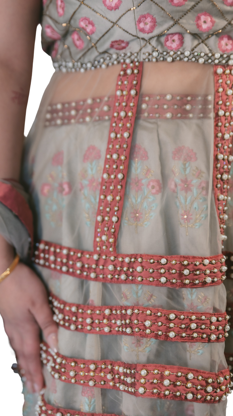 Grey Embroidered Peplum Top Lehenga Set - Preserve