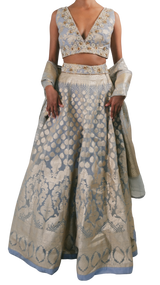 Powder Blue & Gold Georgette Lehenga - Preserve