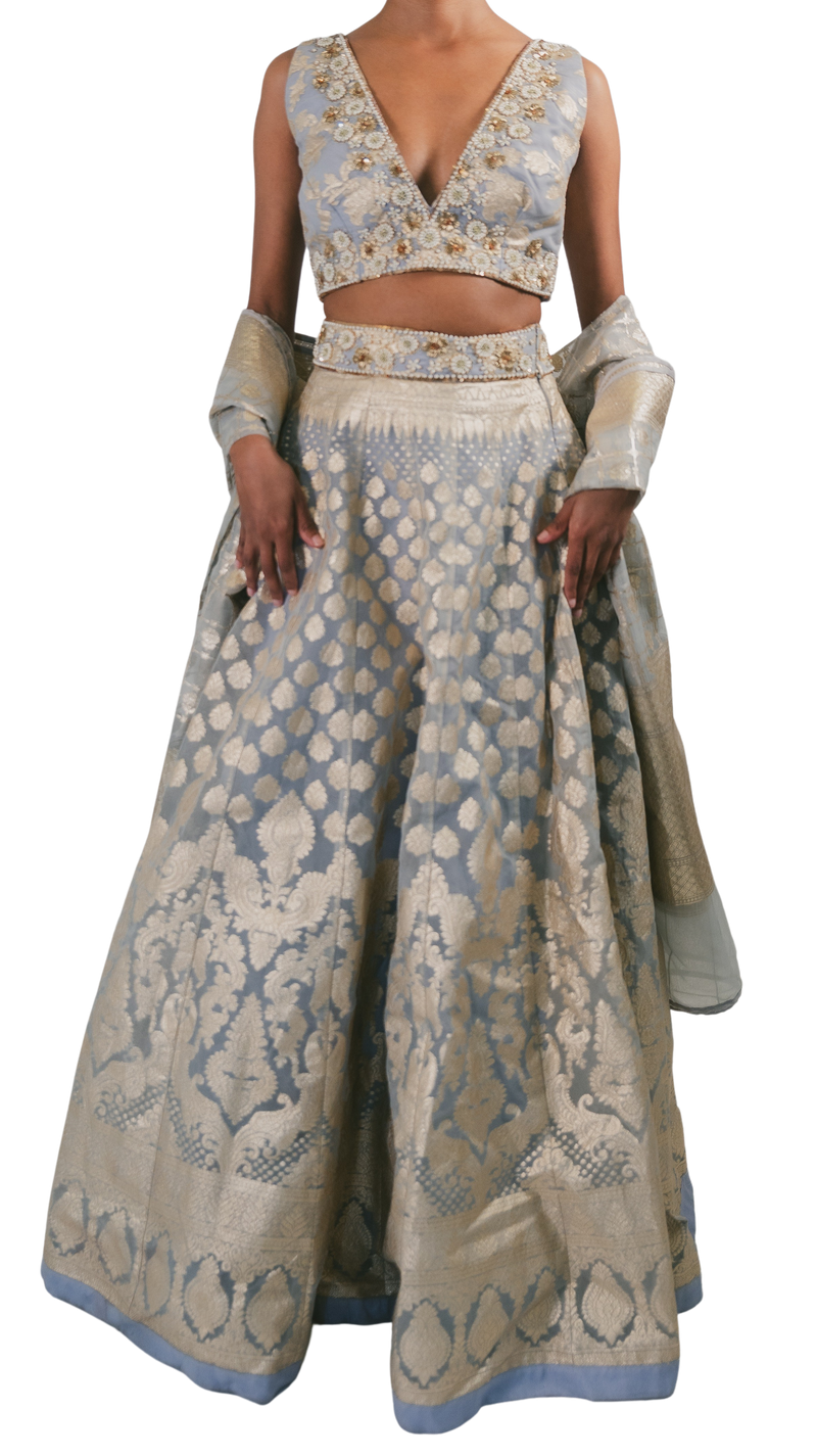 Powder Blue & Gold Georgette Lehenga - Preserve