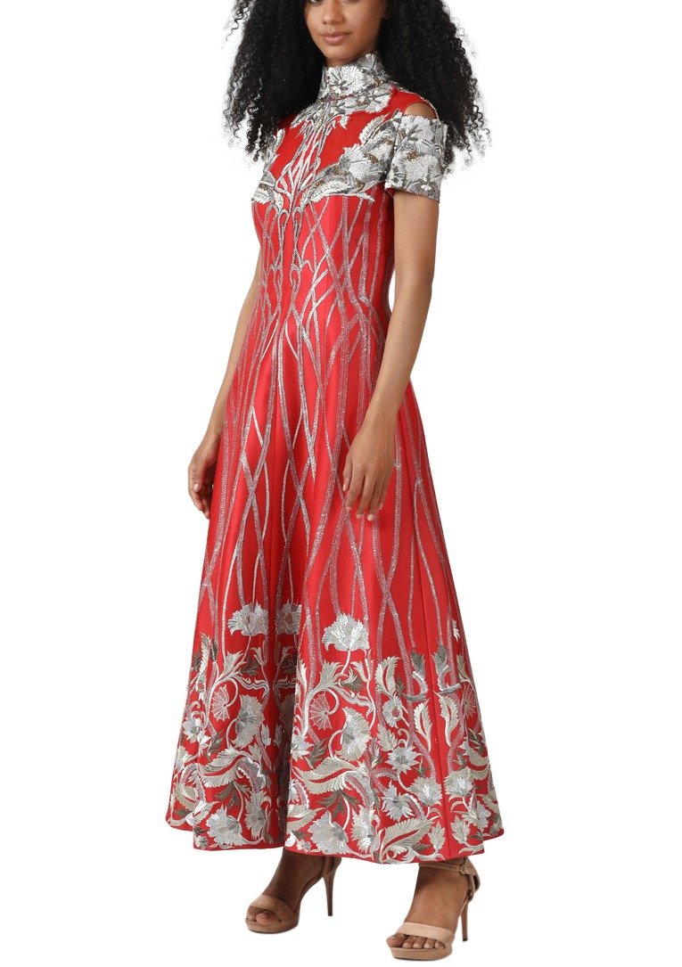 High Neck Silver & Red Tea Length Gown - Preserve