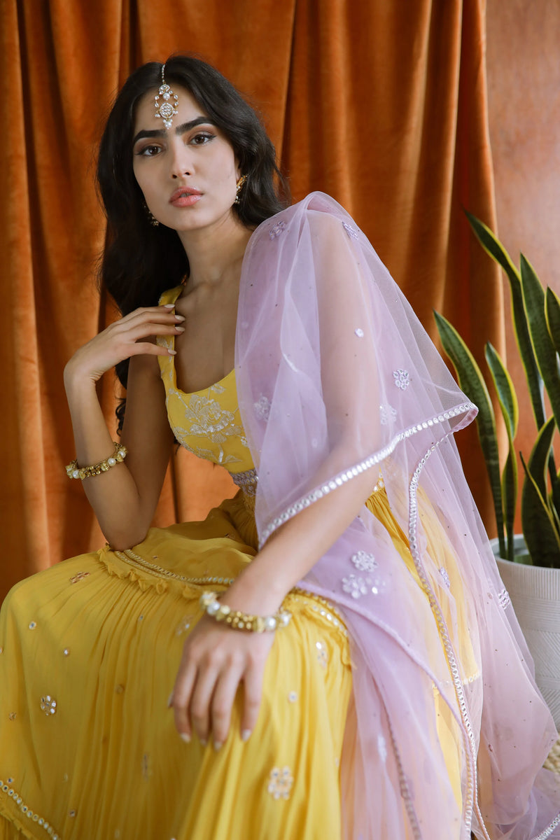 Yellow Flirty Floral Mirrored Lehenga