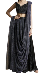 Beaded Black & Navy Pre-Draped Skirt Sari - Preserve