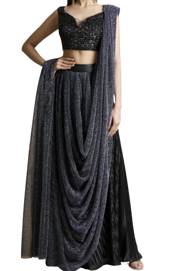 Beaded Black & Navy Pre-Draped Skirt Sari - Preserve