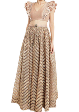 Beige & Gold Ruffled Textured Lehenga with Belt - Preserve