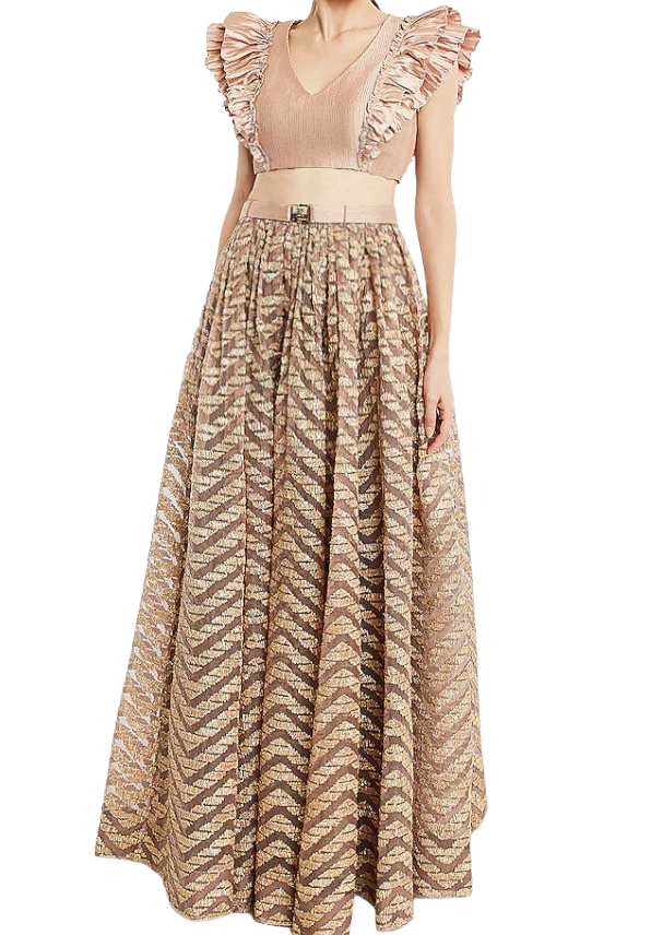 Beige & Gold Ruffled Textured Lehenga with Belt - Preserve