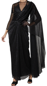 Black Beaded and Embellished Pre-Draped Sari Gown - Preserve