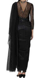 Black Beaded and Embellished Pre-Draped Sari Gown - Preserve