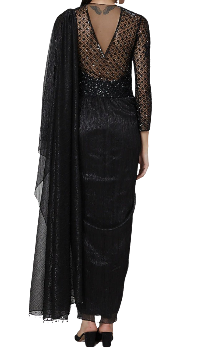 Black Beaded and Embellished Pre-Draped Sari Gown - Preserve