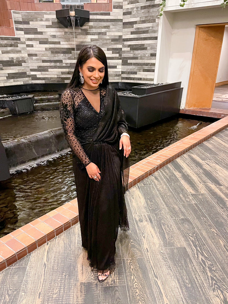 Black Beaded and Embellished Pre-Draped Sari Gown - Preserve