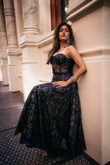 Black Laser Cut Mesh Lehenga with Corset - Preserve