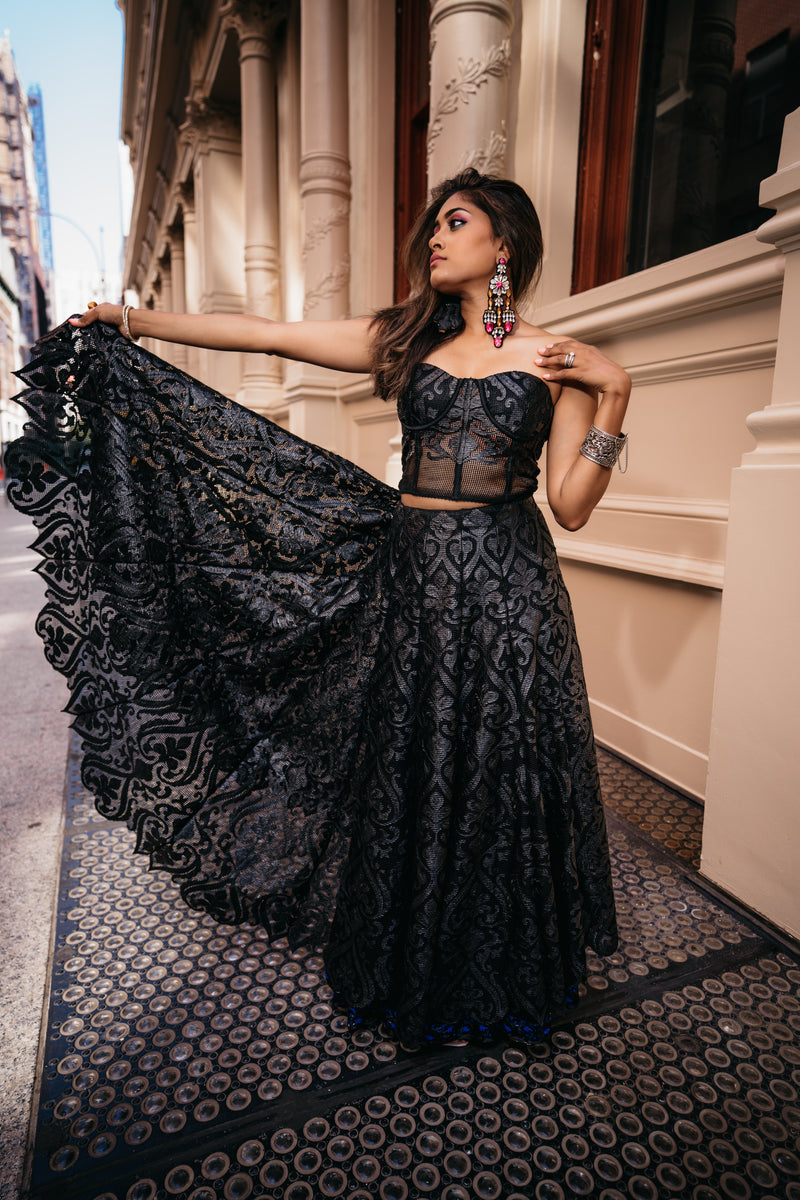 Black Laser Cut Mesh Lehenga with Corset - Preserve