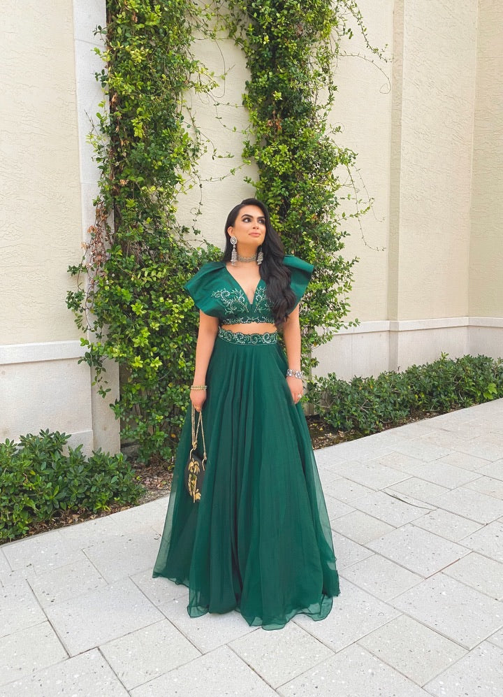 Bottle Green Ruffle Lehenga - Preserve