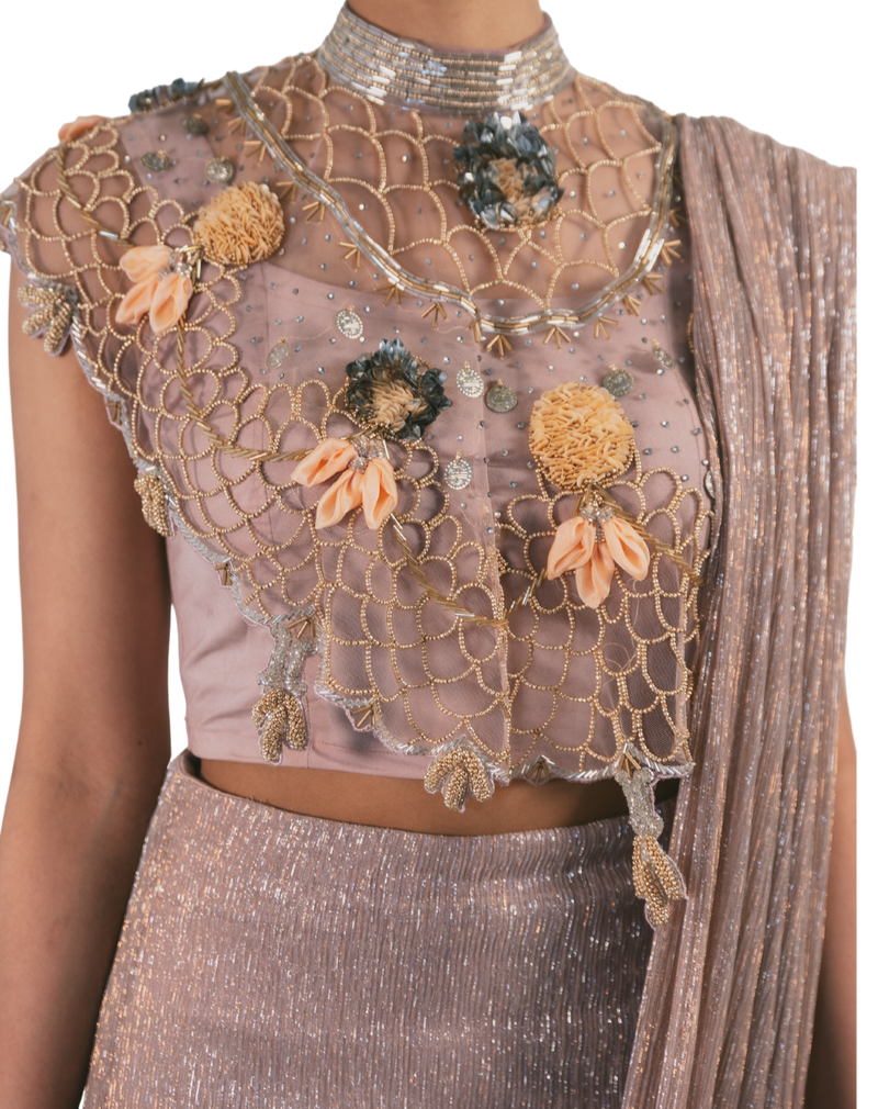 Champagne Gold Sheer Beaded Cape Concept Sari - Preserve