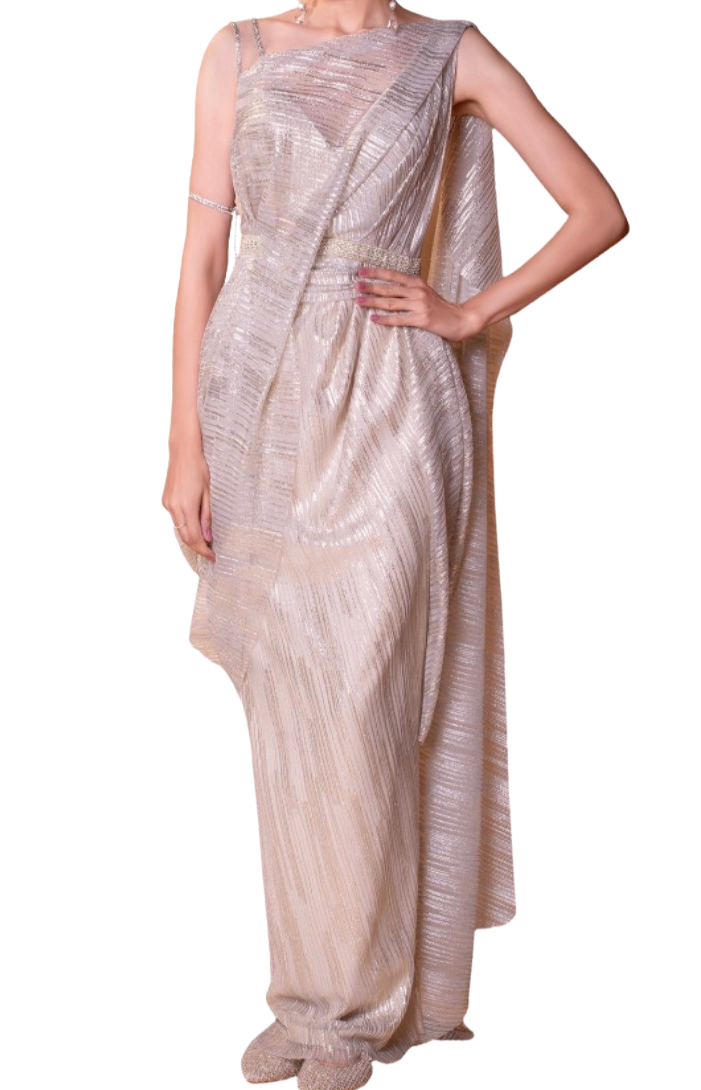 Champagne Metallic Pre-Draped Belted Sari - Preserve