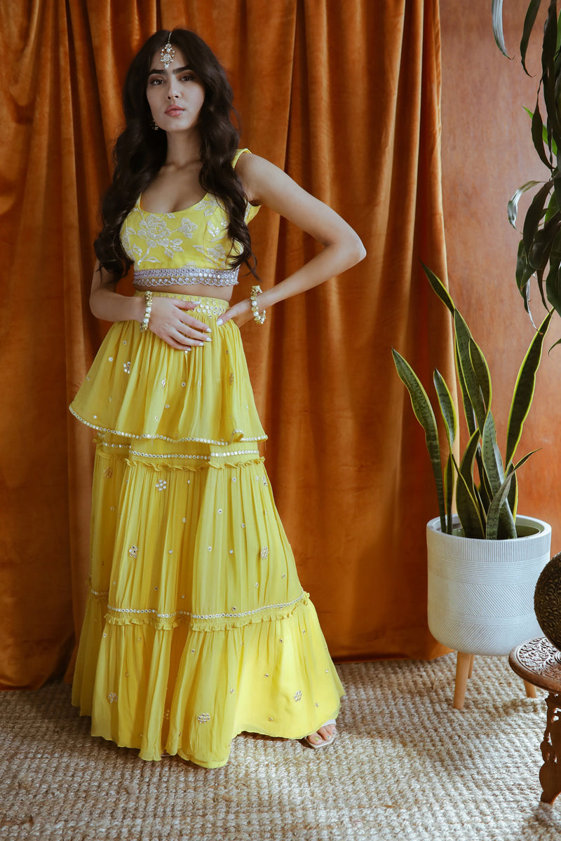 Yellow Flirty Floral Mirrored Lehenga