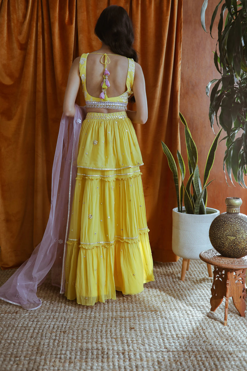 Yellow Flirty Floral Mirrored Lehenga