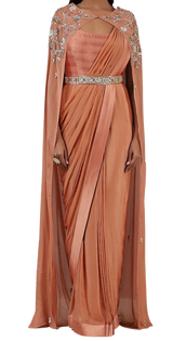 Coral Embellished Pre-Draped Belted Sari Gown - Preserve