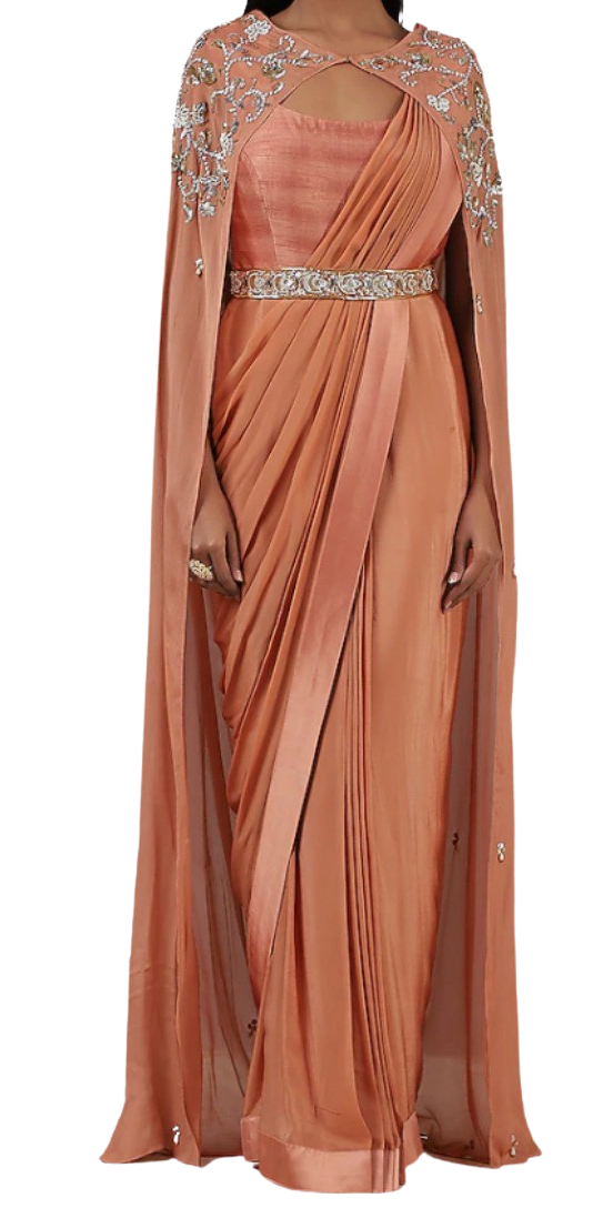 Coral Embellished Pre-Draped Belted Sari Gown - Preserve