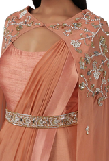 Coral Embellished Pre-Draped Belted Sari Gown - Preserve
