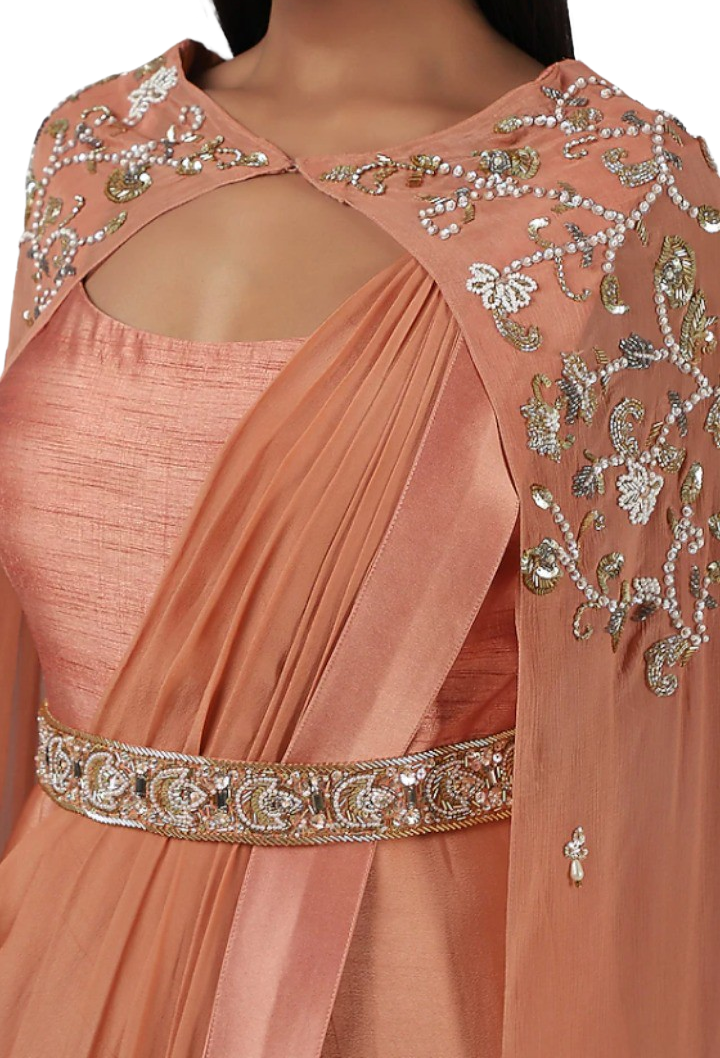 Coral Embellished Pre-Draped Belted Sari Gown - Preserve