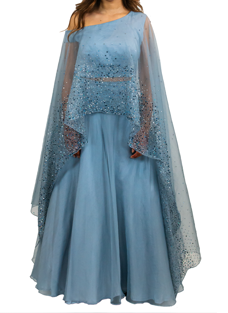 Baby Blue Shimmering Cape Lehenga - Preserve