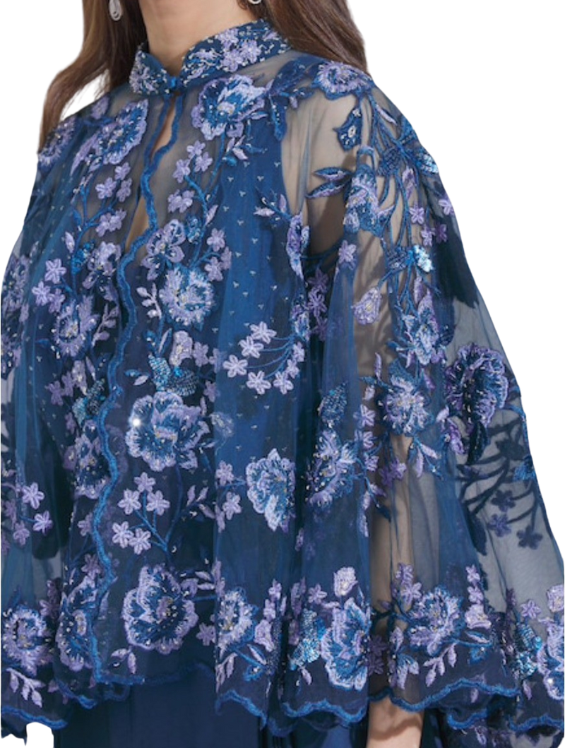 Blue Draped Jumpsuit with Lace Cape: Sample Sale - Preserve