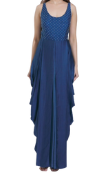 Blue Draped Jumpsuit with Lace Cape: Sample Sale - Preserve