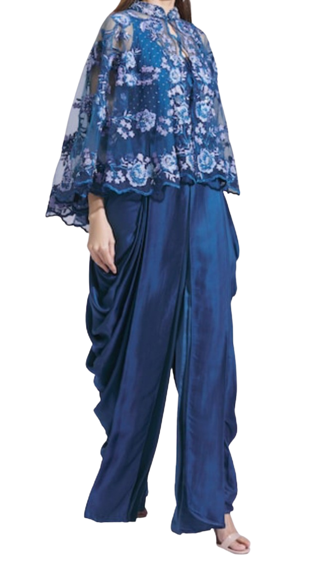 Blue Draped Jumpsuit with Lace Cape: Sample Sale - Preserve