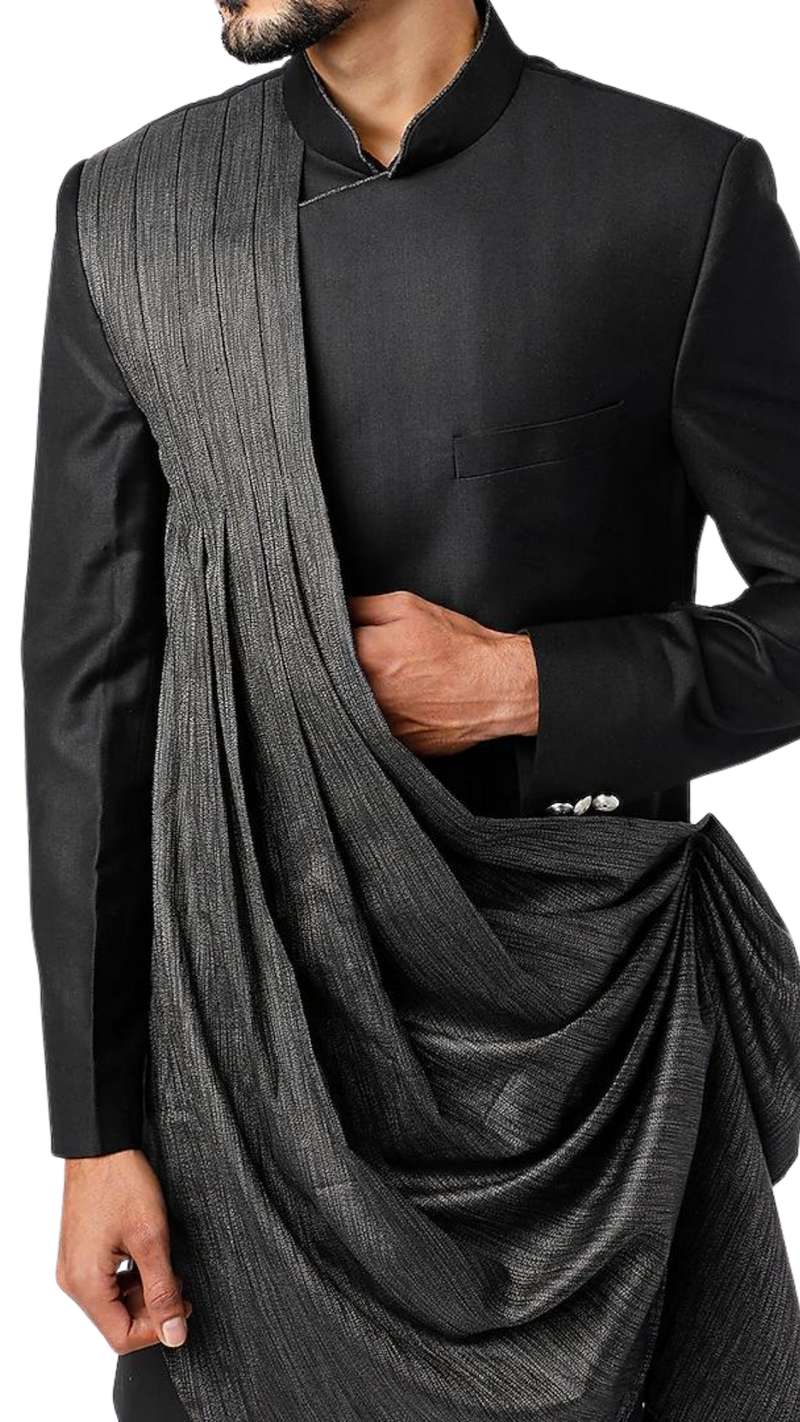 Mens Jet Black and Charcoal Draped Sherwani - Preserve