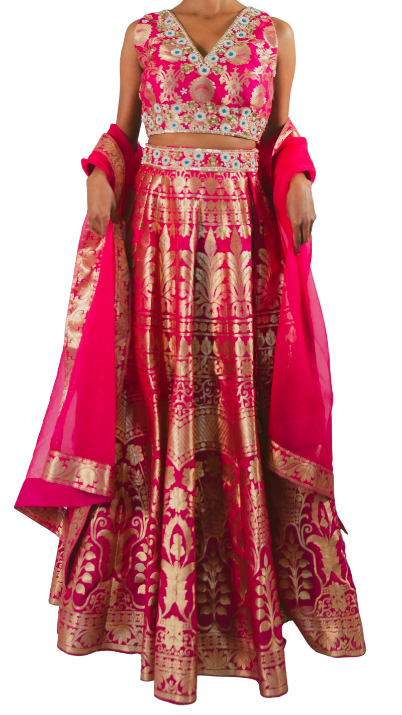 Fuchsia Banarasi Silk Lehenga Set - Preserve