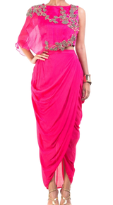 Fuchsia Organza Cape Blouse With Dhoti Skirt - Preserve