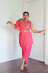 Fuchsia Organza Cape Blouse With Dhoti Skirt - Preserve