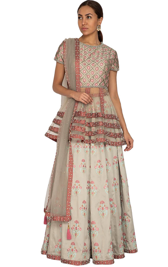 Grey Embroidered Peplum Top Lehenga Set - Preserve