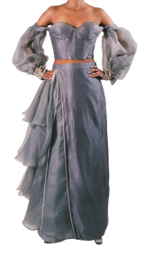 Grey Puff Sleeve Corset Lehenga - Preserve