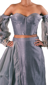 Grey Puff Sleeve Corset Lehenga - Preserve