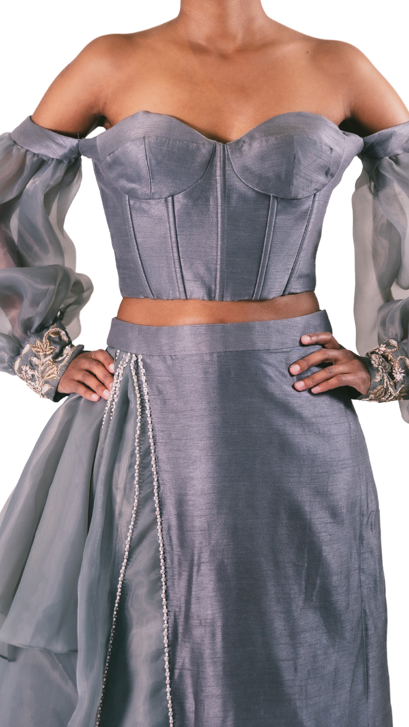 Grey Puff Sleeve Corset Lehenga - Preserve